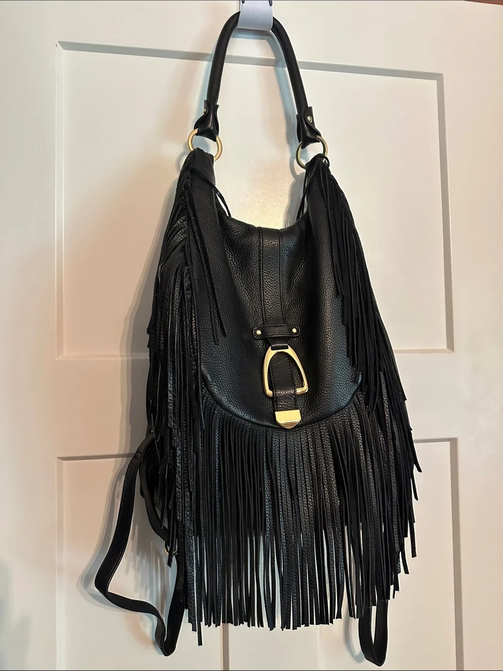G.I.L.I pebbled black Fringe Leather Hobo backpack shoulder gold cinch purse